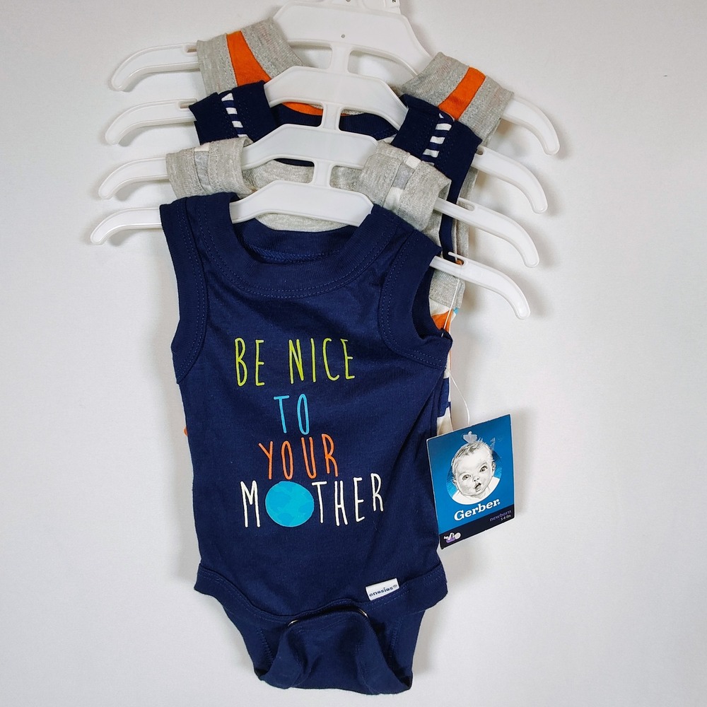 Gerber Newborn Boys 4 Pack Sleeveless Onesies Bodysuits Blue Orange Stripes NWT